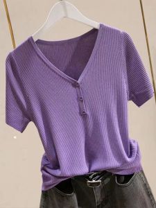 Ice Silk Thin Short Sleeve Knitted T-Shirt Womens V-Neck Slimming Base Layer Outerwear Summer New Style Fashionable Versatile
