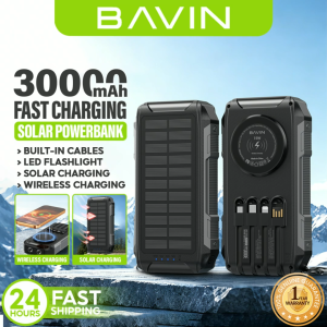 BAVIN PC1251 30000mAh Solar Powerbank PD 22.5W Fast & 15W Wireless Charging w/ Built-in Cables LED Light 3 Outputs
