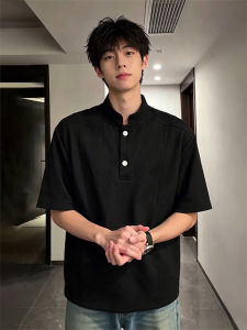 LIUBU | Black Textured Ice Silk Polo Shirt Mens Short Sleeve