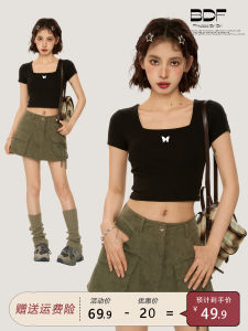 Áo Thun Tay Ngắn Ôm Vừa Vặn Cổ Vuông Màu Đen Phong Cách Mỹ Mùa Hè Cho Nữ Áo Thun Ngắn Cạp Cao Áo Thun Thường Ngày