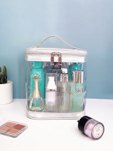 กระเป๋าเครื่องสำอางทรงกลมความจุขนาดใหญ่แบบนิ่มสำหรับผู้หญิง กระเป๋าเครื่องสำอางแบบพกพาพร้อมซองใส