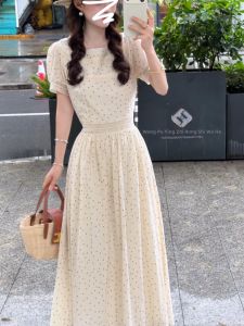 LIRENQING | French Lace Polka Dot Short Sleeve Long Dress