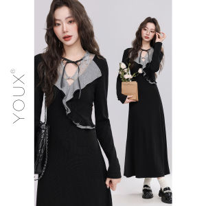 YOUXIANG | Đầm Dài T Tay Elegance Pháp Mùa Đông Mùa Thu Có Mộc Thư