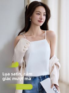 MiiOW | Áo vest dây vai mỏng bằng vải satin acetate lụa mùa hè cho nữ Áo khoác ngoài rộng rãi Áo lót cơ bản cho mùa hè