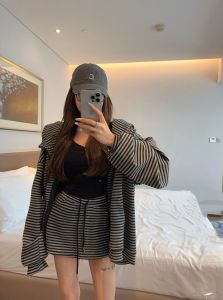 American Retro Striped Hoodie Jacket Womens High Waist Drawstring Slim Short Skirt Two-Piece Set Casual Style Autumn Wear