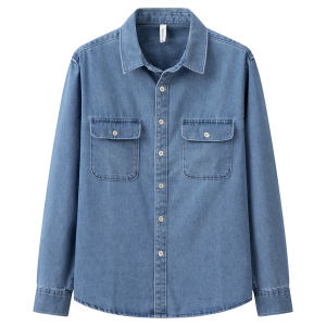 Retro Faded Single-Button Double-Pocket Long-Sleeve Mens Denim Shirt Spring Autumn Arc Hemline Worn-In Look Youthful Style