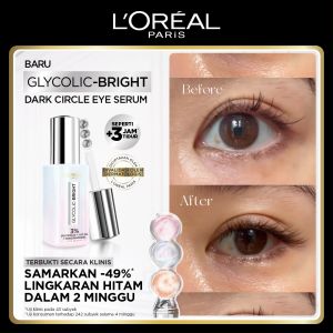 LOreal Paris Glycolic Bright Dark Circle Eye Serum 20ml + Glycolic Bright Glowing Night Cream 15ml Skincare Kit (Menyamarkan Mata Panda dengan 3% Bahan Aktif - Glycolic + Niacinamide + Vit CG)