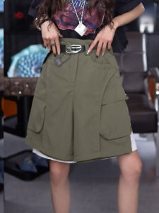 Shalldoer | Quần short ống rộng màu xanh quân đội phong cách retro cho nữ mùa hè 2025 Quần dài năm điểm cạp cao thẳng rộng rãi