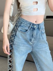 กางเกงยีนส์ทรงหลวมเอวสูงสไตล์อเมริกันสำหรับผู้หญิง กางเกงขายาวทรงตรงบางๆ ดีไซน์สตรีท ฤดูร้อน 2023 ทรงหลวม ทรงสลิมฟิต