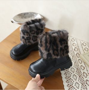 New Winter Girls Princess Leopard snow Boots Fashion Fluffy fur Childrens leather shoes kids All Match Short Boots SIZE 23-36