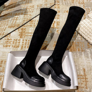 Elastic Over-Knee High Heels Thick Bottom Fashion Boots Womens 2024 New Autumn Winter Velvet Heightening Slimming Boots