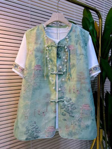 เสื้อยืดคอกลมแขนกุดสไตล์จีน ทรงหลวม ลายปัก กระดุม แขนกุด ผ้าฝ้ายผสมโพลีเอสเตอร์ ฤดูร้อน 2024 เสื้อผ้าทำงาน