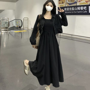 Váy Dài Tay Mùa Xuân Thu Kiểu Pháp Giảm Tuổi Cho Nữ Cỡ Lớn Váy Dài Che Bụng Thon Gọn Áo Khoác Cardigan Hai Mảnh