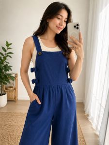 Womens Preloved Blue Pinafore Overall Wide Leg Jumpsuit with PocketsCute Side Bow Details Elastic Back Waist.Stretchable Soft Fabric Medium - Large