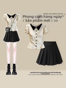 NUMEN BUTTON | Short Sleeve Simple Button Set  with Pleated Skirt
