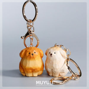 Cute Wooden Carved Golden Retriever Keychains Bag Accessories Couple Gift Creative Friend Pendant Keyring Pair Set