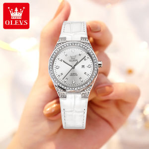 OLEVS Watch For Women Waterproof Original 2024 New Sale Luxury Diamond Dial Elegant Genuine Leather Strap Fashion Luminous Calendar