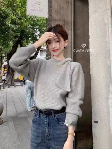 Gray Half-High Collar Pullover Sweater Womens Loose Long Sleeve Knitted Top French Style Tie Waist Slimming Autumn Winter