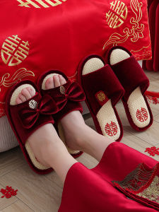 Wedding Slippers Festive a Pair in Red Couple Summer Womens Dowry Morning Gowns Pajamas Fancy New Wedding Shoes Bride