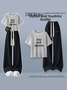 NUMEN BUTTON | Plus Size Summer Casual Set Lace Trimmed Regular Tee Loose Palazzo Pants
