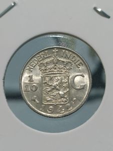 Netherlands East Indies (Indonesia) NEDERL INDIE. Silver Coin 1/10 Gulden 1942 S. Queen Wilhelmina. Silver(0.72) Copper 0.28. Coiin Lama Perak Indonesia.