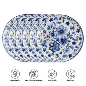 VIKAMA 6PC Blue and White Flower Table Mat Fresh Countryside Wind Wave Border Defense Hot Pot Mat Dining Table Party Decoration