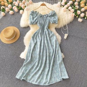YuooMuoo Chic Fashion Floral Print Long Summer Dress Women Vintage Elastic Waist A-line Party Dress Korean Beach Robes Femme