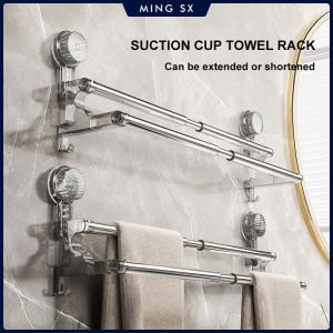Double Layer 56-94cm Suction cup wall mounted towel rack Non Perforated bathroom storage rack bathroom single-pole towel rack