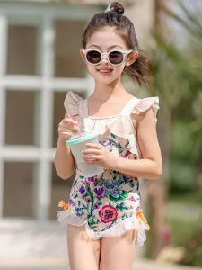 Floral Print Fly Sleeve One-Piece Girls Swimsuit