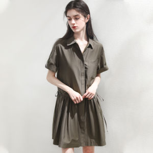 Miccbeirn | Silk Cotton Shirt Dress 19 Momme Sweet Small Drawstring Waist Casual Workwear Style Midi Skirt Single Button Closure Polo Collar