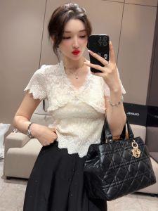 French Lace Shirt T-Shirt Women Summer New Korean Version Waist in Slimming V-neck Wood Grain Edge Fashionable Top