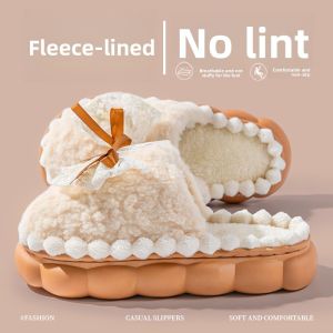 Womens Cotton Slippers with Butterfly Knot Thick Bottom Outdoor Wearable Anti-Slip Winter Warm Home Shoes Comfortable Slip-On