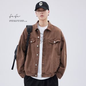 เสื้อเชิ้ตยีนส์คอปกปิดกระดุมแขนยาวผ้าฝ้ายแท้ฤดูใบไม้ร่วงสำหรับผู้ชาย สไตล์อเมริกัน สีสันสดใส สวมใส่สบาย เสื้อแจ็คเก็ตแบบมีฮู้ด