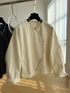 Spring New Arrival: Asymmetrical Long Sleeve Cotton Shirt for Women Casual Trendy Crewneck Round Neck Design Unique Small Size