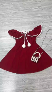 Đầm tiểu thư dễ thương đầm du xuân chơi Noel chất Nhung đỏ cứng trễ vai dáng ngắn phối ren kèm phụ kiện nơ