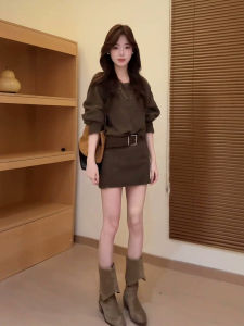 XUECAIQI | Autumn New Korean Style Gentle Fashion Versatile Slimming Round Neck Retro Long Sleeve Dress