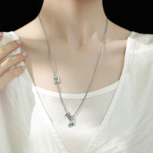 925 Silver New Chinese Style Green Tara Pendant Necklace Sweater Chain Six-Syllable Truth Turquoise Vintage Twist Chain High-End Feel