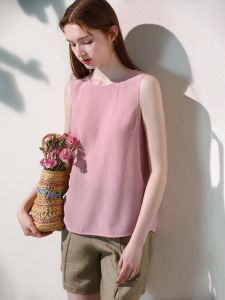 Miccbeirn | Pure Color Silk Chiffon Vest Womens Summer Top Sleeveless Round Neck Loose Fit Inner Wear Base Shirt Elegant White Tone