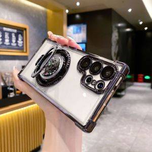 KISSCASE Plating Lens Protection Clear Phone Case For Samsung S24 S23 S22 Ultra Plus S23FE With Quicksand Magsafe Bracket Stand Four Corner Anti-fall Hard PC Shockproof Back Cover For Samsung S24 S23 S22