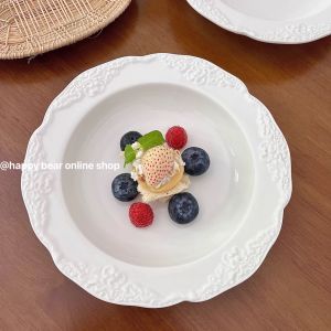 LeBear Large Beauty Ladle Retro Relief Flower Soup Plate Ceramic Pure White Dessert Deep Dish Pasta Salad Plate Dining Set