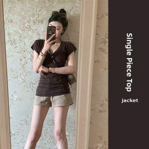 YUEZHONGWEI | Slim Fit Short Sleeve V-Neck T-Shirt Womens Summer Design Sensation Waist-Cinching Shortened Masking Top Korean Style Commute