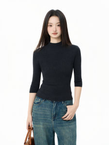 เสื้อชั้นในถักคอสูงครึ่งแขนสำหรับผู้หญิง ทรงสลิมฟิต แขนยาว 7 นิ้ว ทรงปกติ ผ้าฝ้ายโพลีเอสเตอร์ โพลีอะซิเตท โพลีอะไมด์ วิสโคส