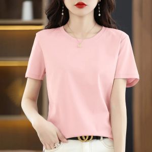 plus Size Cotton T-Shirt Letter Print round Neck Short Sleeve Women Summer Slimming Casual Top Versatile Ageless Clearance