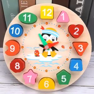 FR-M330 Mainan Edukasi Anak Puzzle Jam Kayu Motif Penguin Lucu / Puzzle Jam Dinding Mainan Kayu Belajar Angka dan Waktu / Balok Susun Bangun Ruang / Wooden Clock Game Import
