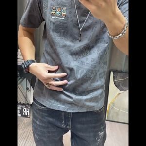 Short-sleeved T-shirt Men 2024 Summer New Mens Round Neck Cartoon Printing Half-sleeved Cotton T-shirt Pure Cotton Top Handsome Young Mens Clothing