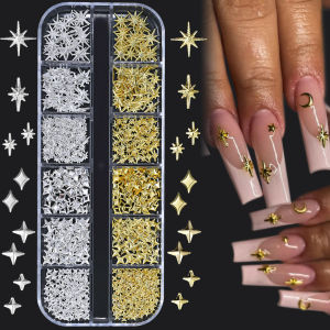 12Grids 3D Metal Stars Nail Art Charms Gold/Silver Starlight Cross Rivets Nails Decorations Y2K Manicure Star Shape Accessories