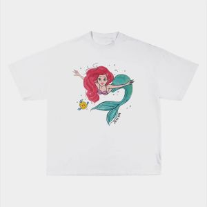 Casual Loose Cotton T-Shirt Womens round Neck Short Sleeve Cartoon Print Red Hair Mermaid Design Heavyweight Pure Cotton Korean Style