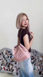 Disney Official Mickey Mouse Backpack Pink PU Leather Casual Bucket Shoulder Bag with Cute Glove Charm