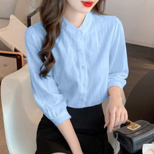 Pure Cotton Linen Shirt Womens Spring Thin Style Seven-Sleeve Stand Collar Commute Korean Version Straight Tube Blouse