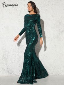 Modest Green Long Sleeve Mermaid Sequin Evening Gown Burgundy O Neck Stretch Wedding Party Formal Maxi Dress Women 2025